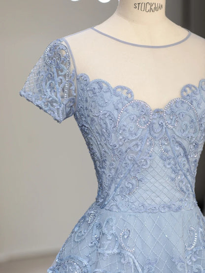 Elegant A Line Scoop Light Blue Tulle With Appliqued Long Prom Dresses Inspo Evening Outfits RB3997