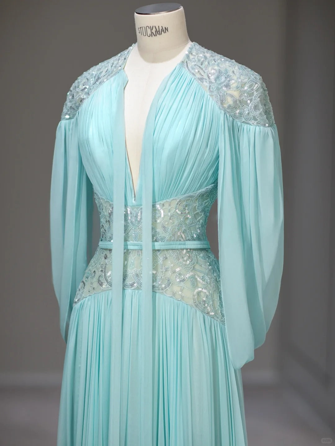Beautiful A Line V Neck Blue Chiffon With Sleeves Long Prom Dresses Inspo Formal Outfits RB3992