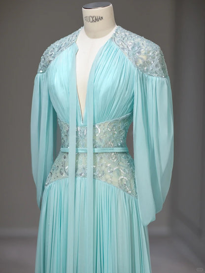 Beautiful A Line V Neck Blue Chiffon With Sleeves Long Prom Dresses Inspo Formal Outfits RB3992