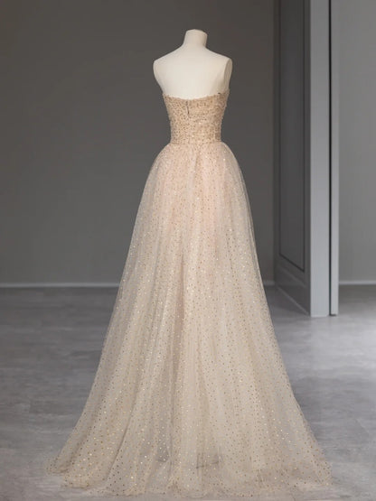 Princess Prom Dresses Ball Gown Sweetheart Champagne Tulle Sweet 16 Evening Long Formal Dress RB4007