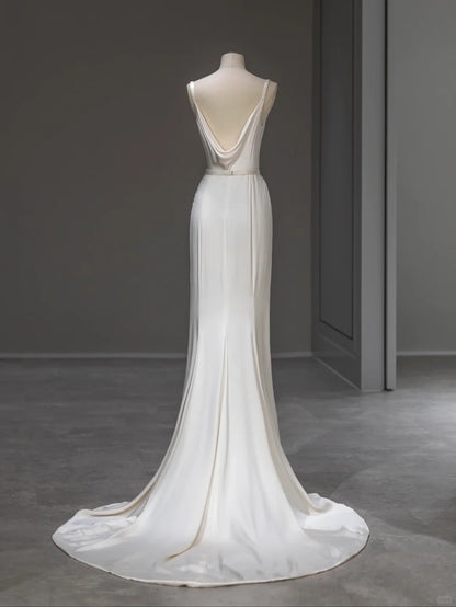 Chic Mermaid Cowl Neck Satin White Long Summer Bridal Gown Wedding Dresses RB4001
