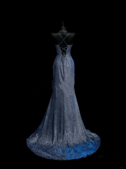 Elegant Mermaid Spaghetti Straps Navy Blue Slit Sequins Long Prom Dresses Formal Party Gowns Vestidos De Dia AB615