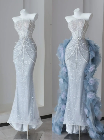 Sparkly Prom Dresses Mermaid Strapless Light Sky Blue Sequined With Beading Long Formal Gown N2921