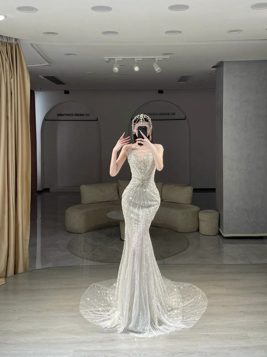 Modest Wedding Dresses Mermaid Sweetheart White Sequin Beaded Bodice Long Bridal Gown N2986
