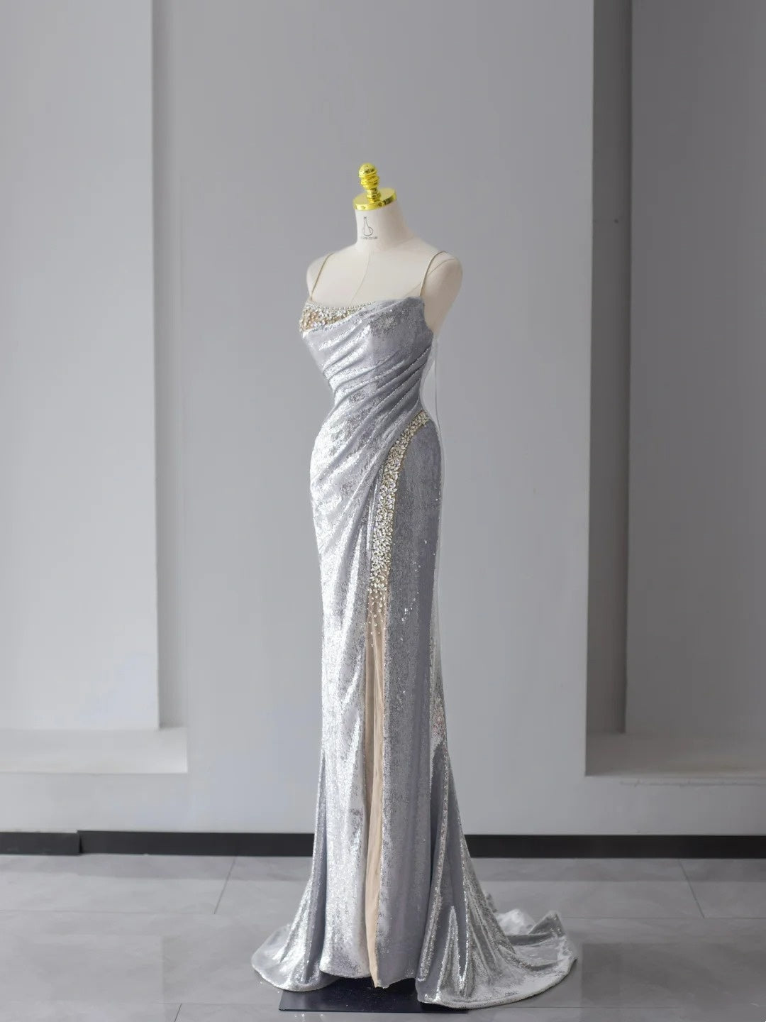 Sparkly Prom Dresses Mermaid Spaghetti Strap Silver Gray Sequined With Beading Slit Long Formal Gown N2922