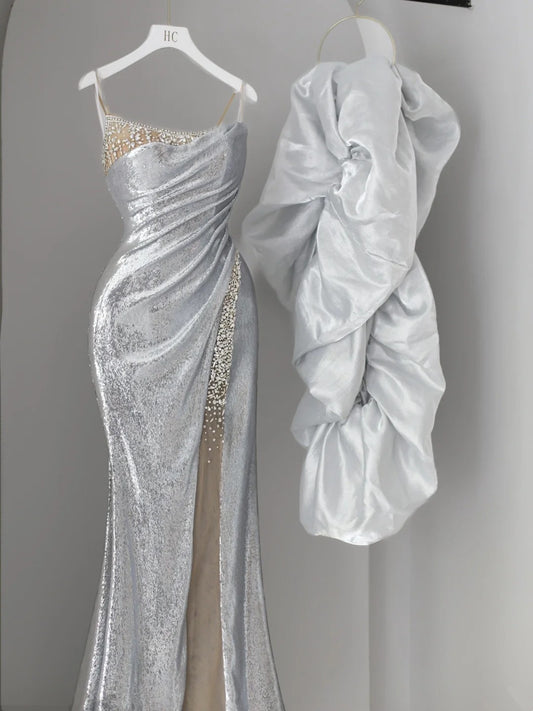 Sparkly Prom Dresses Mermaid Spaghetti Strap Silver Gray Sequined With Beading Slit Long Formal Gown N2922