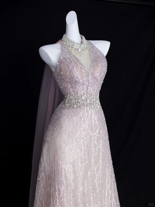 Elegant A Line Halter Blush Pink With Beading Formal Dress Sequin Birthday Prom Dresses N2829