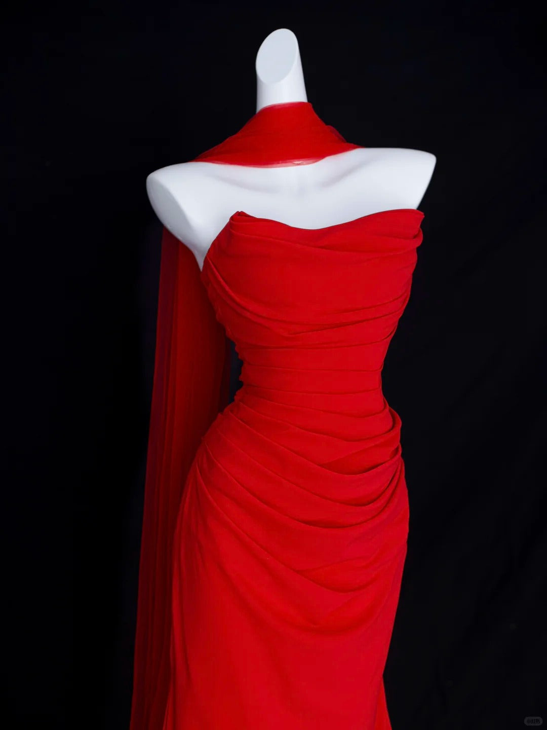 Romantic Mermaid Strapless Red With Scarf Tulle Formal Dress Long Prom Dresses N2827