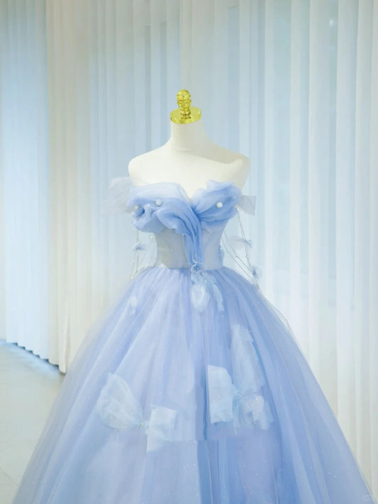 Pretty Prom Dresses Ball Gown Off The Shoulder Blue Tulle With Ruffle Long Formal Gown N2936