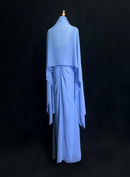 Vintage Prom Dresses A line Off The Shoulder Blue Chiffon With Beading Cape 1970s Long Formal Gown N2612