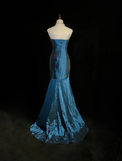 Vintage 1980s Prom Dresses Mermaid Sweetheart Navy Blue Taffeta Long Formal Party Dress N2575