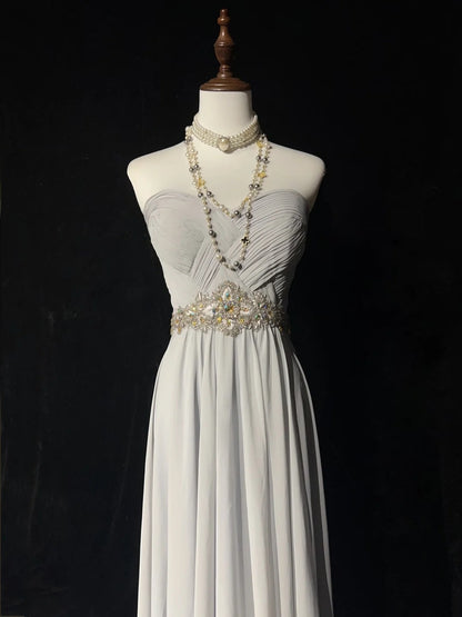 Vintage Prom Dresses A line Strapless Gray Chiffon With Beaded Bodice Sleeveless 1990s Long Formal Evening Gown N2636