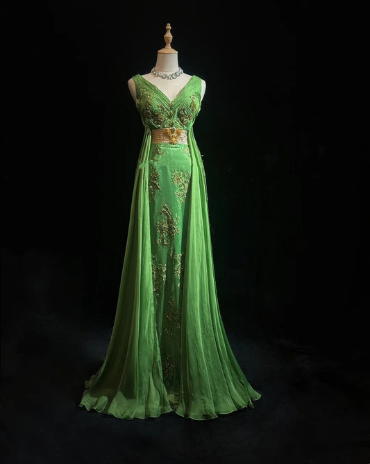 Vintage Prom Dresses Mermaid V Neck Chiffon Green With Beaded Appliqued 80s Long Formal Gown N2732