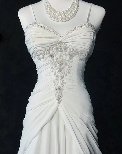 Timeless Wedding Dresses Mermaid Spaghetti Strap White Chiffon With Scarf Long Bridal Gown N3063