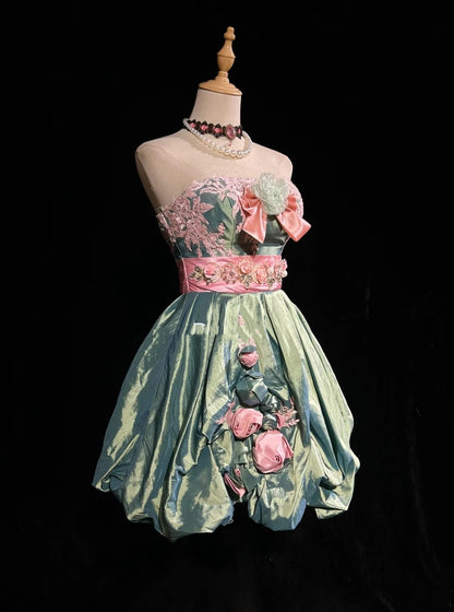 Cute Ball Gown Strapless Green Satin Ideas For Women Short Length Birthday Dresses Homecoming Outfits N3444