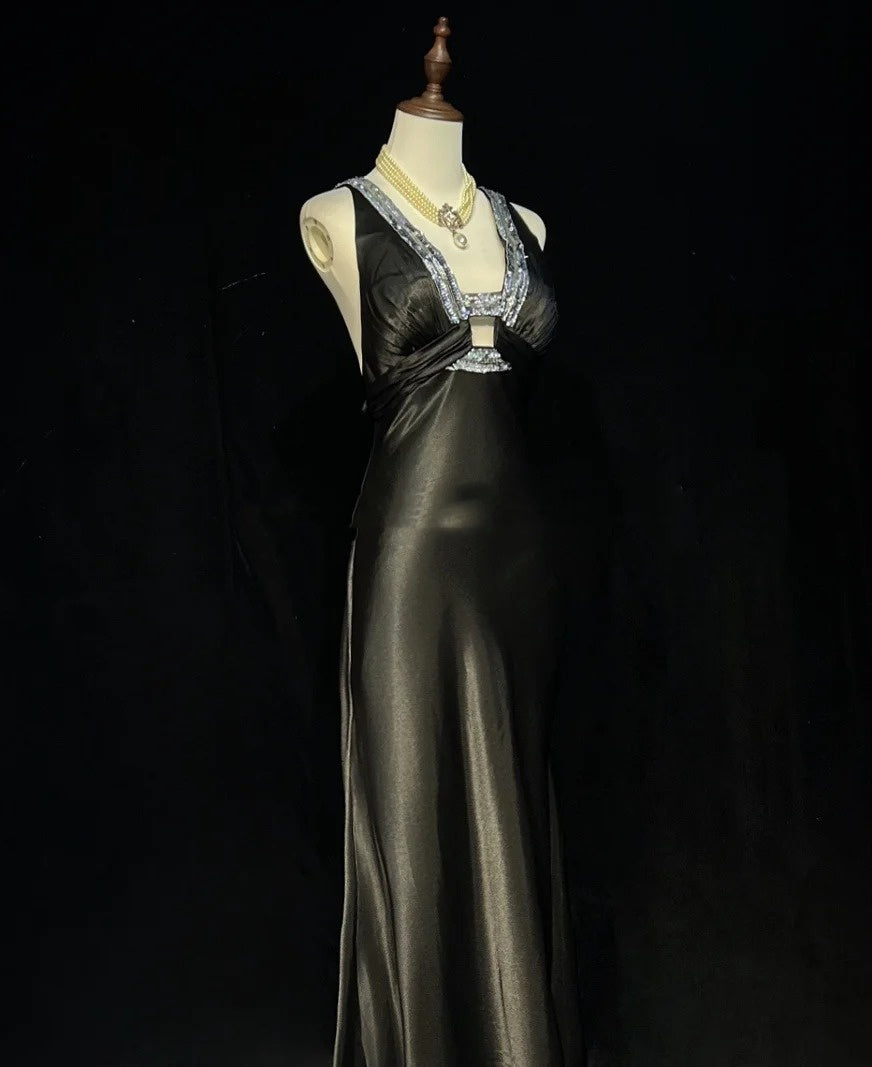 Vintage Prom Dresses Mermaid V Neck 90s Satin With Beading Long Black Tie Formal Party Dress N2509