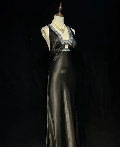 Vintage Prom Dresses Mermaid V Neck 90s Satin With Beading Long Black Tie Formal Party Dress N2509