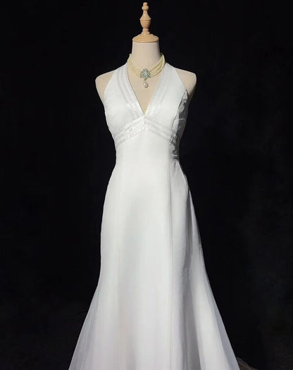 Vintage 20s Wedding Dresses Mermaid Halter White Plain Summer Garden Long Bridal Gown N3702