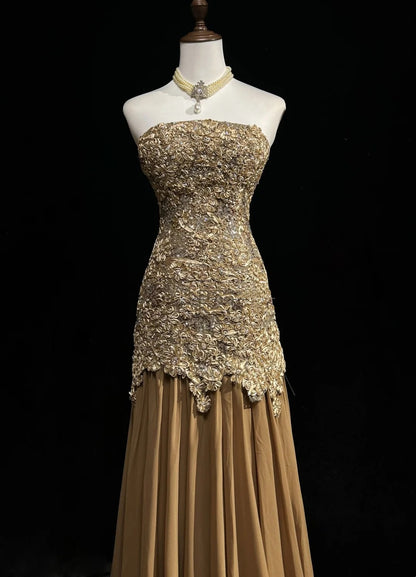 Vintage Prom Dresses 1960s Mermaid Strapless Gold Lace Long Prom Gown N3103