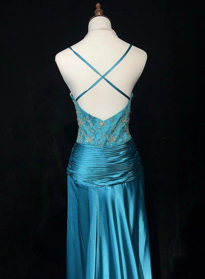 Vintage Prom Dresses Mermaid Spaghetti Strap Blue Satin 1990s Long Formal Evening Gown N2643