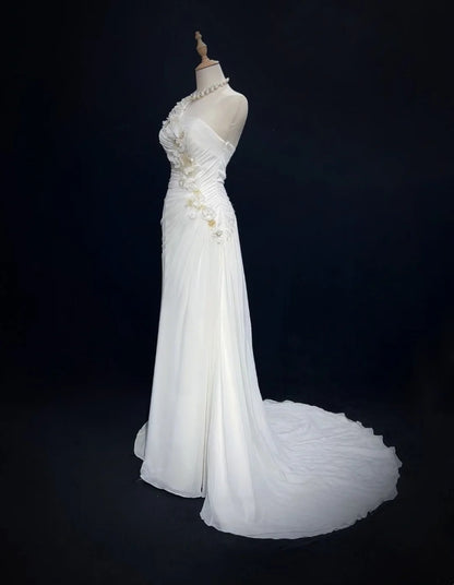 Unique Wedding Dresses Mermaid One Shoulder White Chiffon With Beading Summer Garden Long Bridal Gown N3679