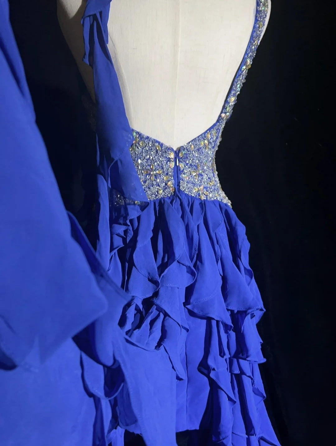 Elegant Prom Dresses A line High Low One Shoulder Royal Blue Chiffon With Beading Sleeveless Long Formal Gown N2881
