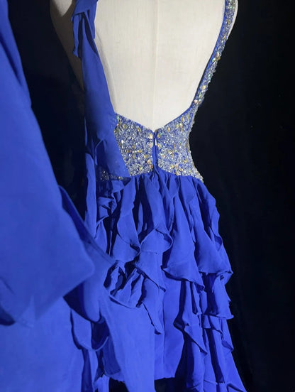 Elegant Prom Dresses A line High Low One Shoulder Royal Blue Chiffon With Beading Sleeveless Long Formal Gown N2881
