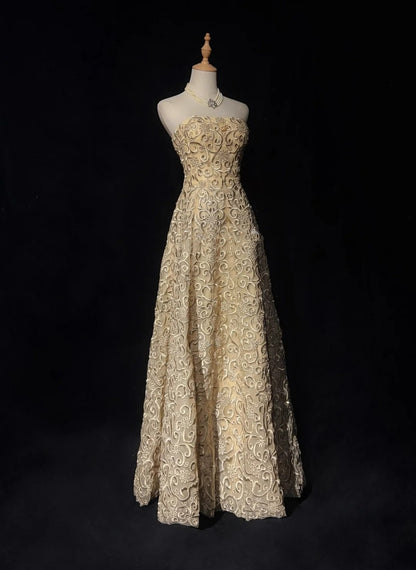 Vintage Prom Dresses A Line Strapless Gold Lace Sleeveless 1990s Long Formal Evening Gown N2639