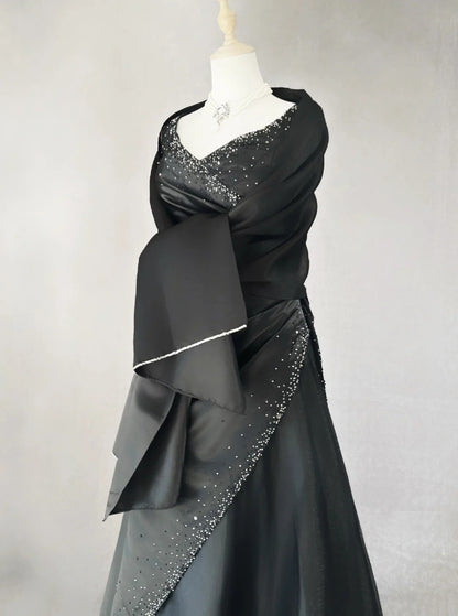 Vintage 90s Prom Dresses Ball Gown V Neck Black With Silver Beading Long Prom Gown N3022
