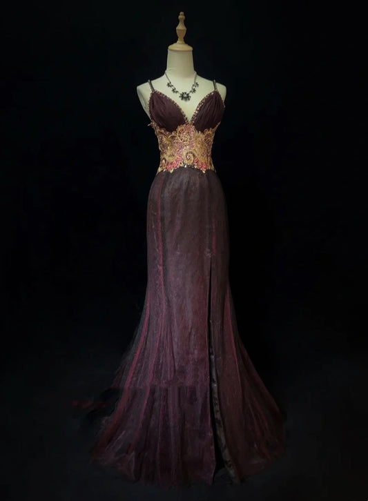 Modest Prom Dresses Mermaid Spaghetti Strap Grape Tulle Sequined With Lace Long Evening Outfits N3448