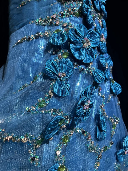 Vintage 1980s Prom Dresses Mermaid Irregular Shoulder Strap Royal Blue Sequin Long Formal Party Dress N2537