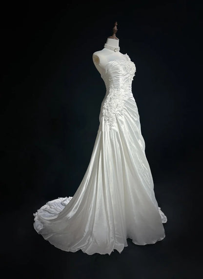 Vintage Prom Dresses Mermaid One Shoulder White With Ruffle Appliques Satin 90s Formal Gown N2589