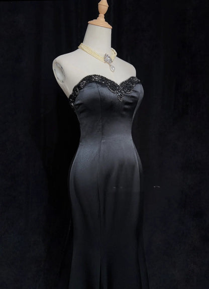Vintage Prom Dresses Mermaid Sweetheart Black Satin With Beading Long Formal Dress N2507