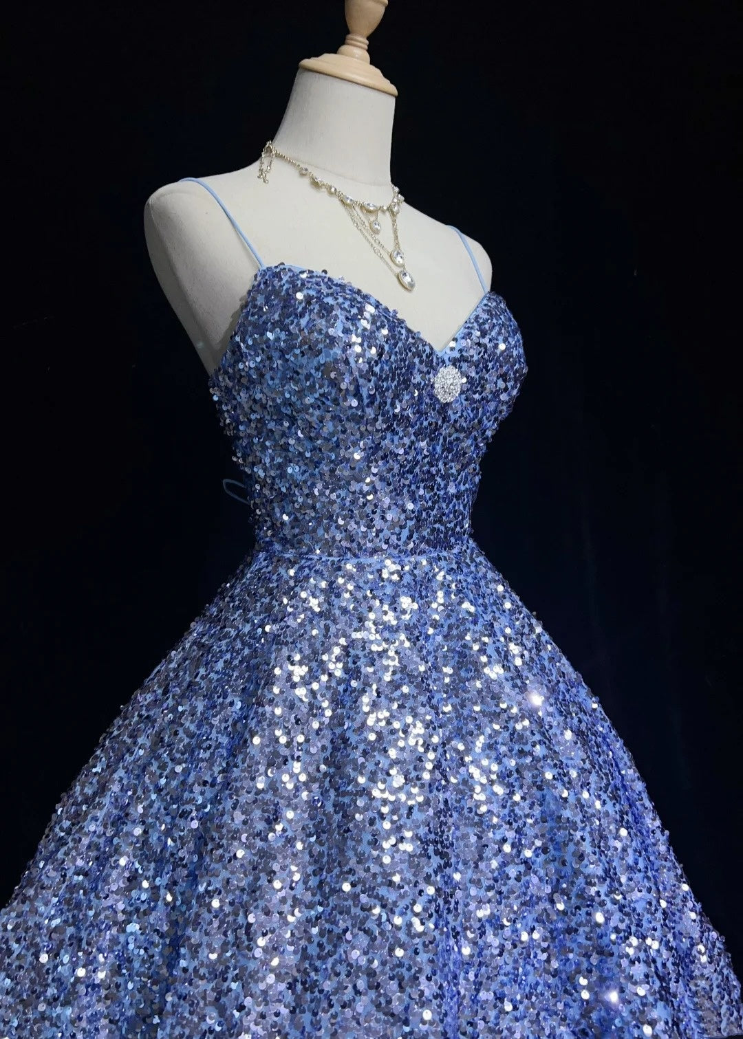 Pretty Ball Gown Spaghetti Strap Blue Sequin Short Mini Homecoming Dresses N2440
