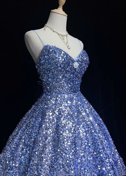 Pretty Ball Gown Spaghetti Strap Blue Sequin Short Mini Homecoming Dresses N2440