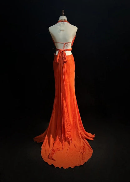 Vintage Prom Dresses Mermaid V Neck Orange Chiffon Backless 90s Long Formal Evening Gown N2646