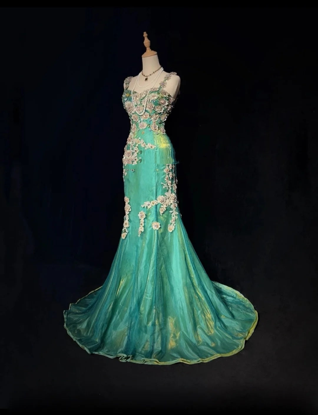 Vintage Prom Dresses Mermaid Sweetheart Green Tulle 70s With Beads Appliqued Formal Gown N2533