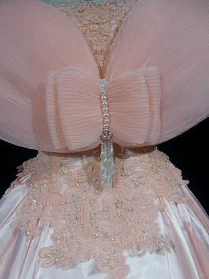 Strapless Pink Lace Appliques Ball Gown Quinceanera Dress, Sweet 15 Birthday Formal Dress RC0079