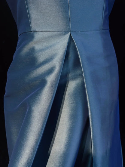 Beautiful Prom Dresses A Line V Neck Blue Satin With Ruffle Sleeves Long Evening Outfits N3336