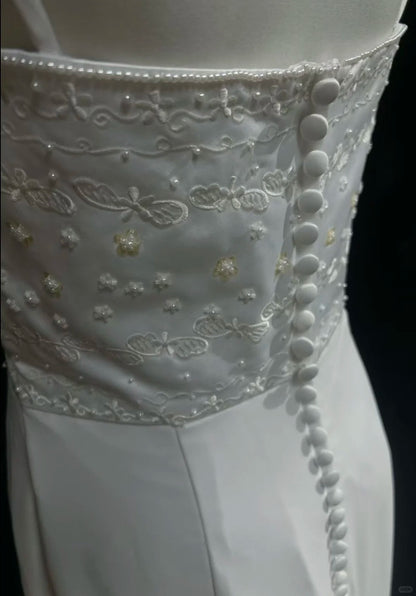 White Prom Dress Inspo Sheath Spaghetti Straps With Beading Modest Long Formal Party Gown RC0086