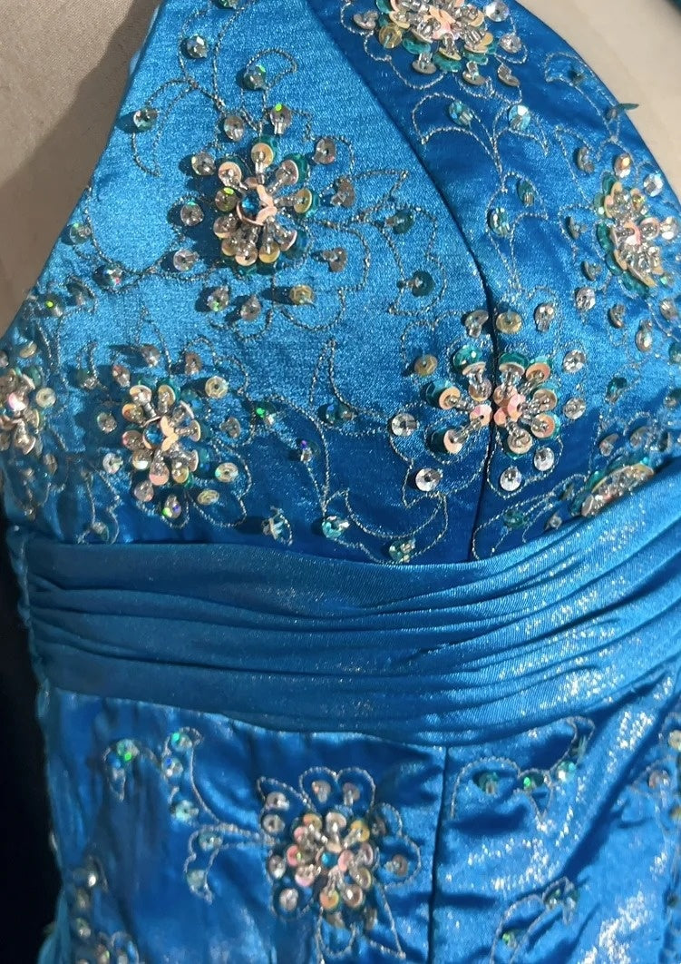 Vintage Prom Dresses Mermaid Spaghetti Strap Blue Satin 1990s Long Formal Evening Gown N2645