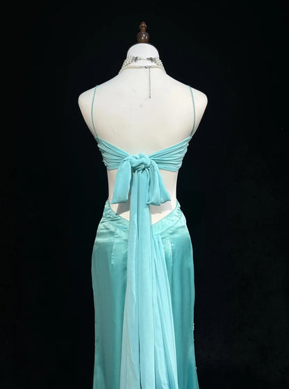 Classy Prom Dresses Mermaid Spaghetti Strap Backless Tiffany Blue Chiffon With Beaded Long Formal Evening Outfits N3708