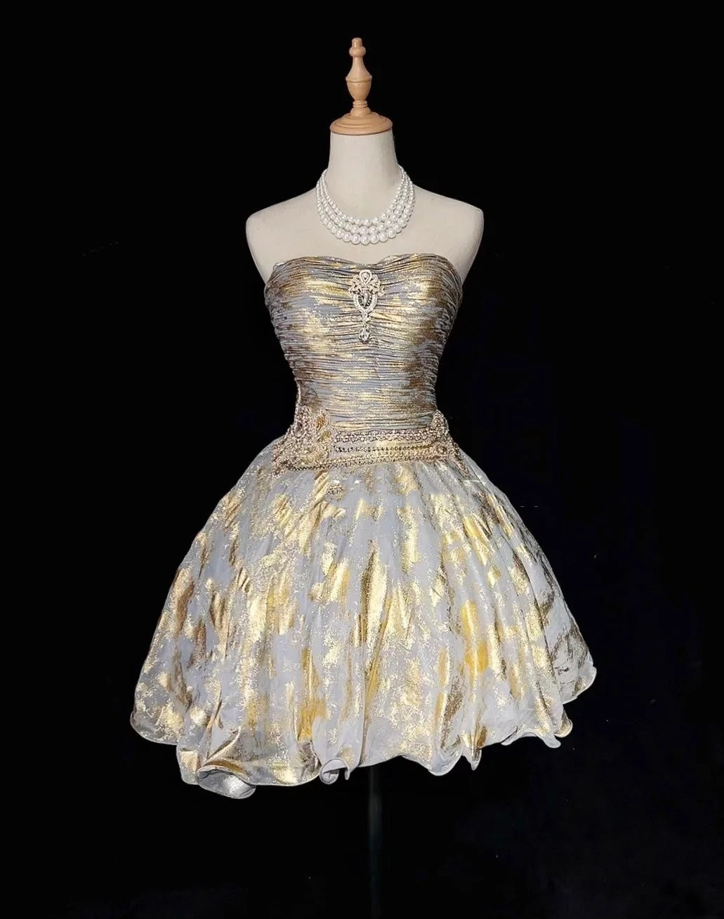 Princess Ball Gown Strapless Gold Organza Short Mini Homecoming Dresses Hoco Gowns N2912