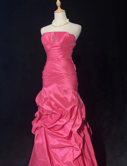Vintage Prom Dresses Mermaid Strapless Hot Pink Satin With Tiered Layers 90s Long Evening Gown N2915