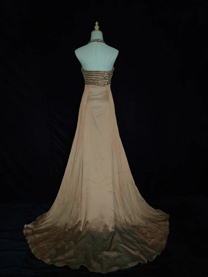 Vintage Prom Dresses 80s A line Halter Brown Chiffon With Beading Semi Formal Evening Outfits N3633