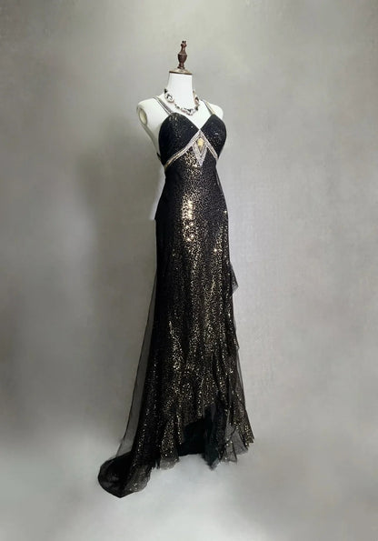 Vintage Prom Dresses Mermaid Halter Black Sequin 70s With Beading Backless Long Formal Dress N2518