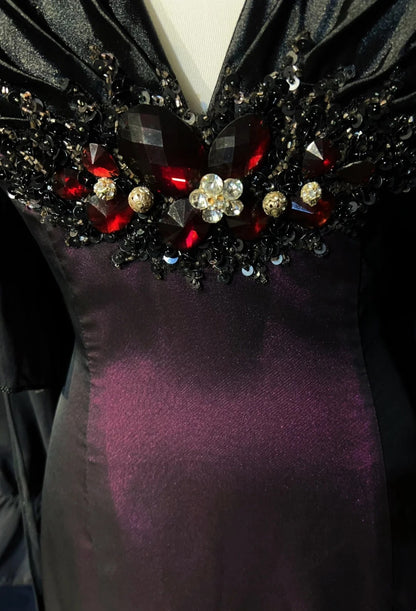 Vintage Prom Dresses Mermaid Halter Black Chiffon Purple Satin 1990s Formal Evening Gown N2654