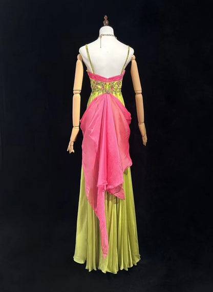 Vintage Prom Dresses A line Spaghetti Strap Pink Green Chiffon With Beading 1960s Long Formal Gown N2610