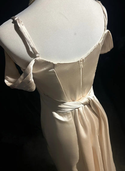 Vintage Prom Dresses 80s Mermaid Spaghetti Strap Champagne Satin Floor Length Evening Outfits N3458