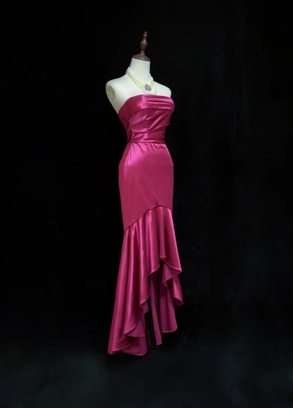 Vintage Prom Dresses Mermaid Strapless Fuchsia Satin High Low 1990s Formal Evening Gown N2650